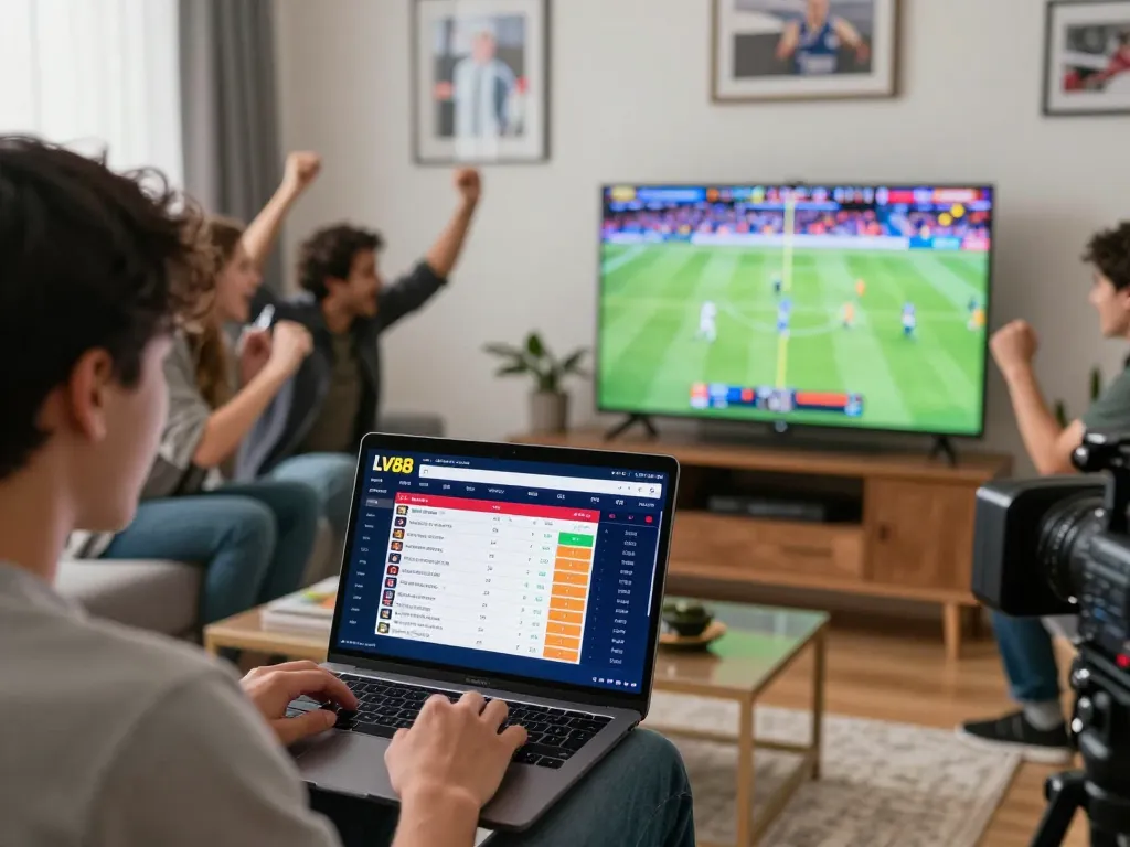 Engaging sports betting moment on LV88 with friends cheering for live events