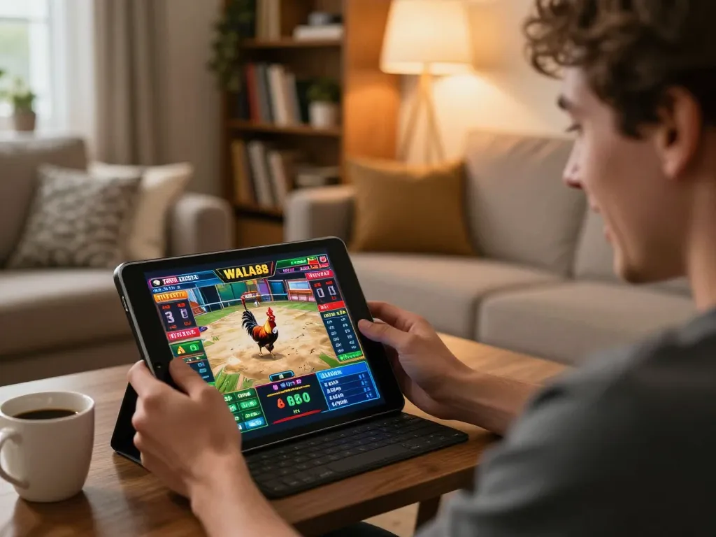 Betting on live cockfights at WALA88 with tablet in cozy setting