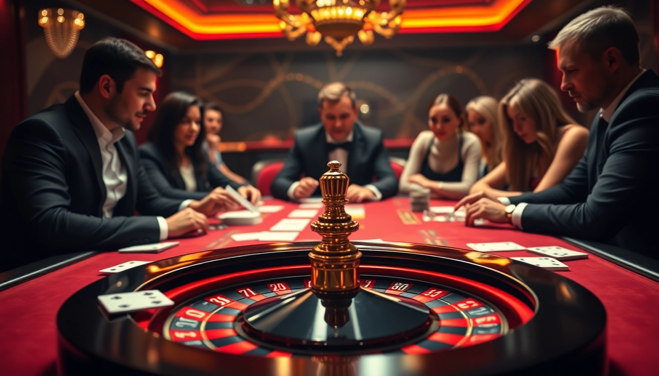 Engaging poker players at the MMOO casino table, showcasing excitement and strategy in a luxurious setting.