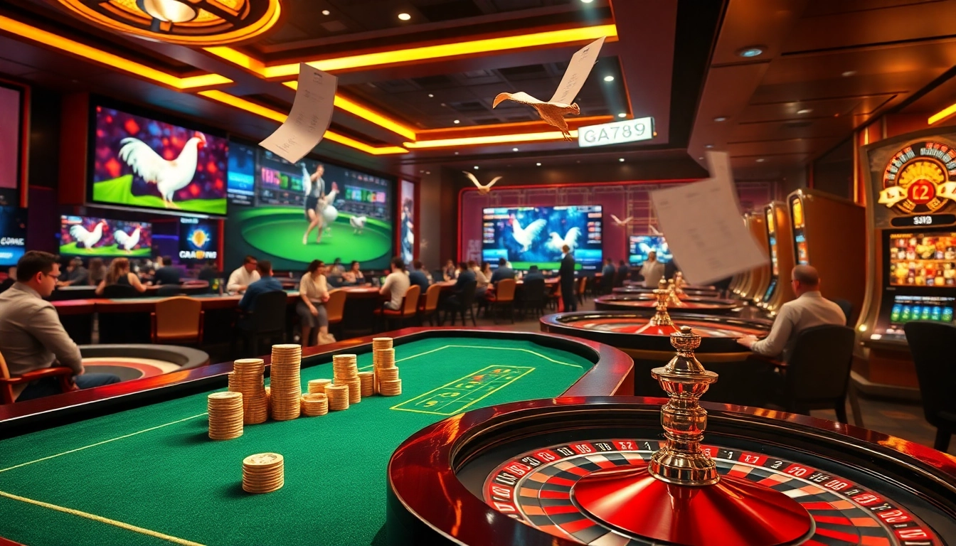 Experience the excitement of GA6789 with an immersive casino scene featuring live betting on cockfighting.