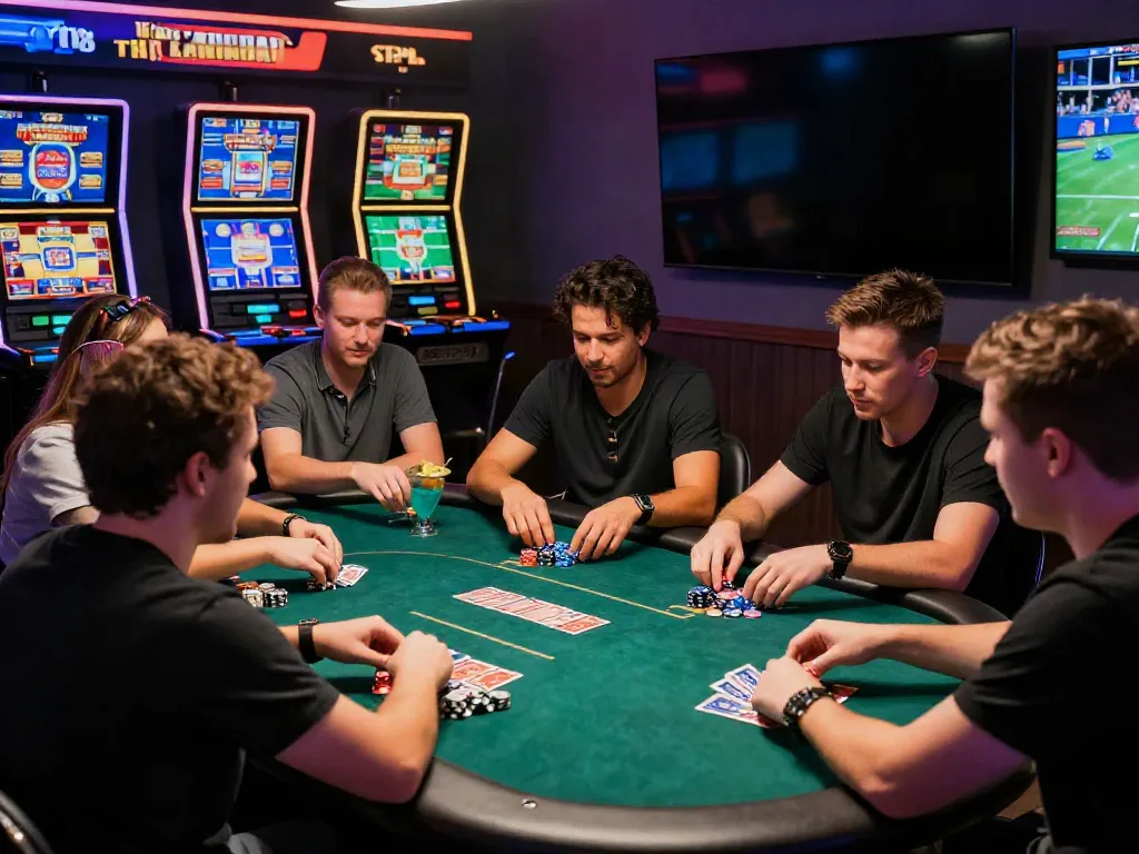 Friends enjoying poker at a lively casino not on Gamstop, showcasing vibrant gaming atmosphere.