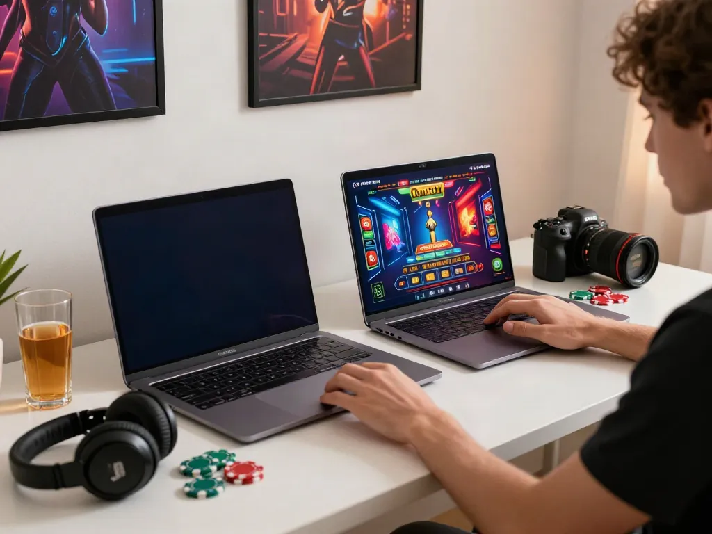 Engaging at-home gaming experience playing at a casino not on GamStop with vibrant visuals and accessories.
