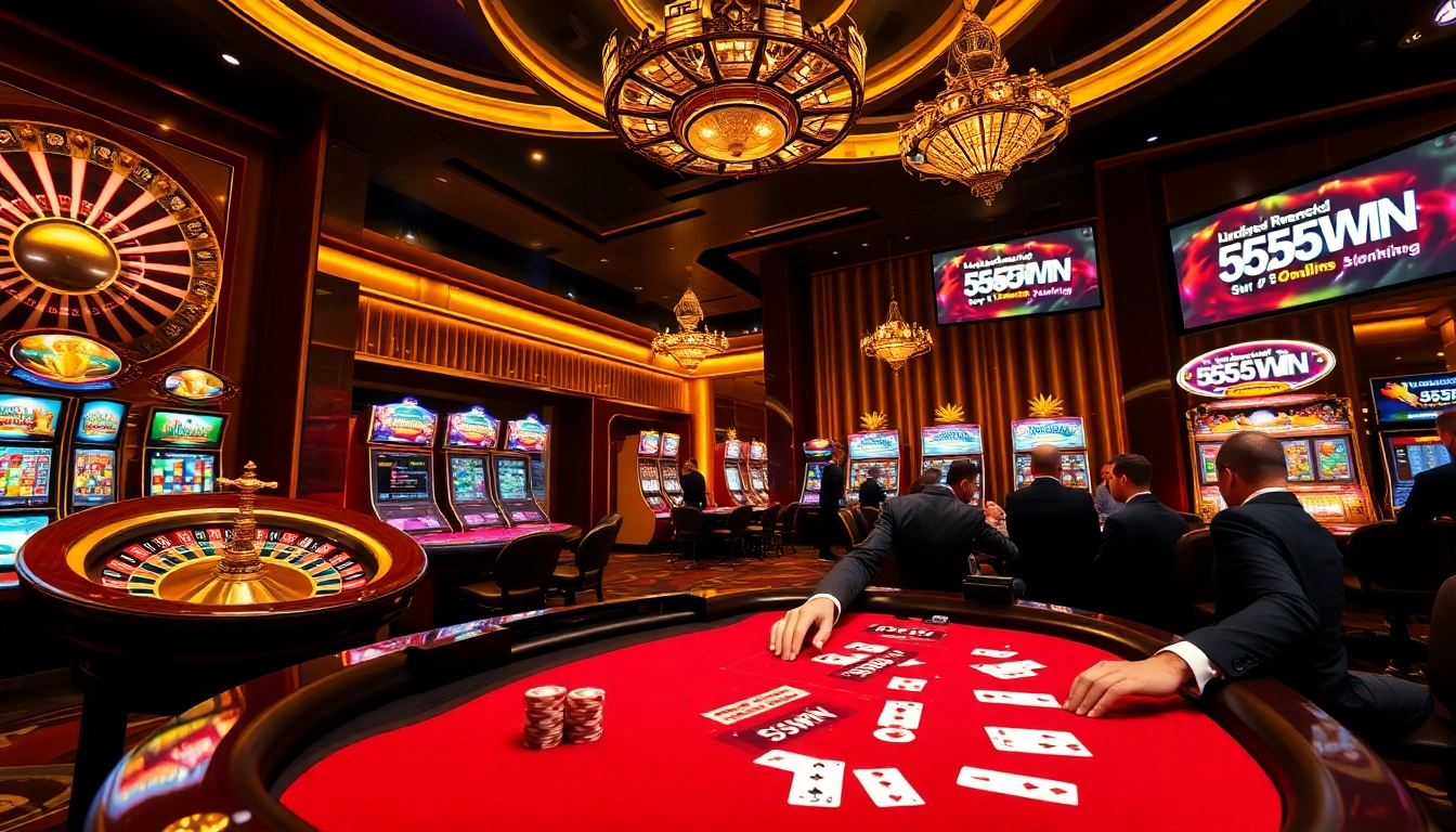 Experience the excitement of winning at 555WIN's luxurious casino tables featuring poker chips and slot machines.