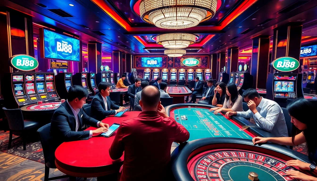 Players enjoying various gambling games featuring the BJ88 brand in a luxurious casino atmosphere.