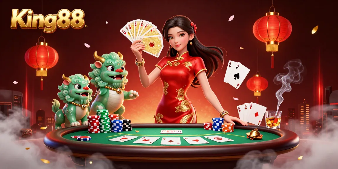 King88 showcases an elegant casino scene with a woman in qipao, poker elements, and vibrant lanterns for immersive play.