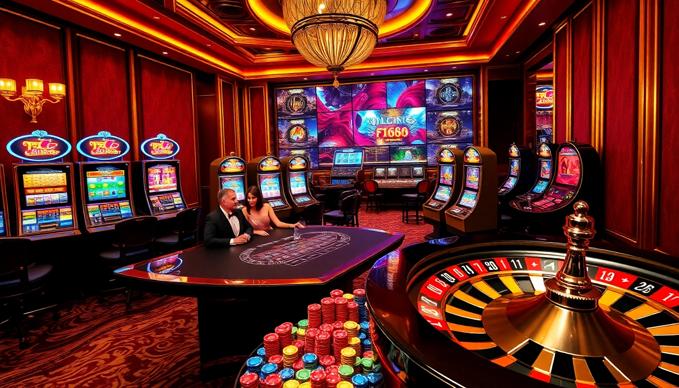 F168 casino scene with elegant players at blackjack and vibrant slot machines.