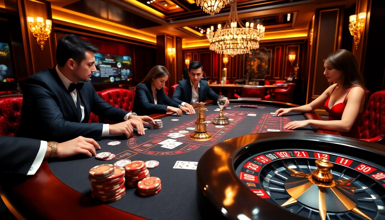 Engage in high-stakes poker at CM88 featuring elegant players and a vibrant casino atmosphere.