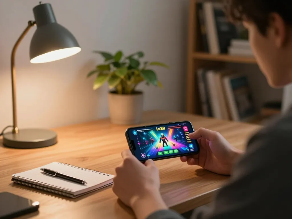 Player enjoying interactive gameplay on lc88 casino app with strategic notes nearby in cozy home environment.