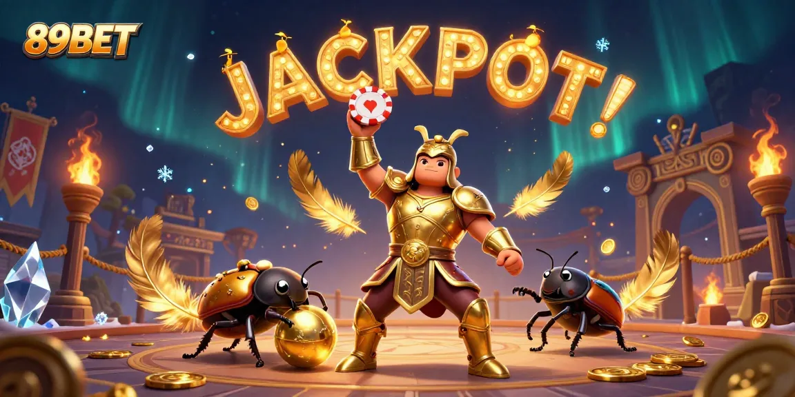 Experience thrilling wins at 89BET in a vibrant 3D casino environment featuring a victorious beetle and glowing jackpot.
