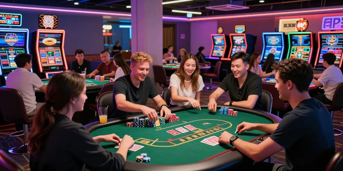 Exciting credit card casino scene with diverse players at gaming tables, lively atmosphere, neon lights.