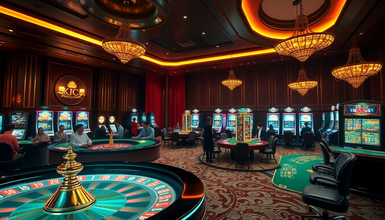 KJC casino players enjoying roulette and poker games in a stylish environment.