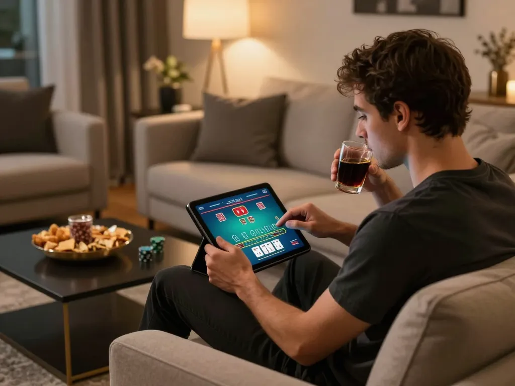 Engaged player strategy at open88 online blackjack game, cozy gaming setup.
