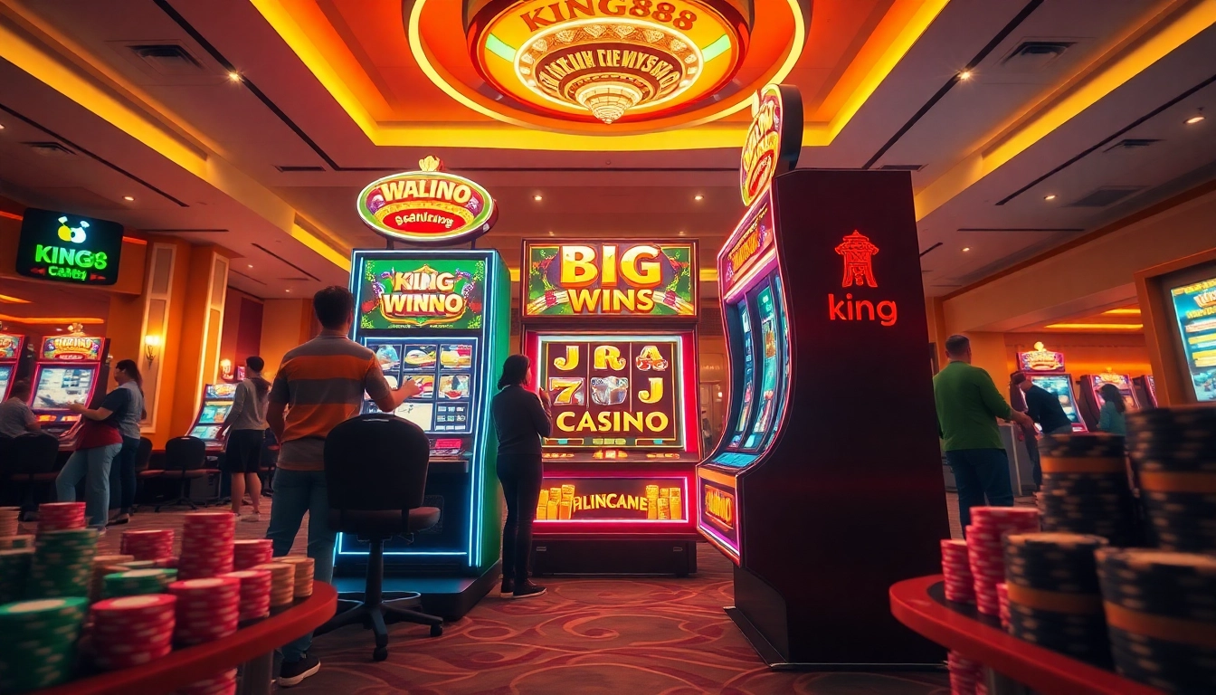Exciting gaming scene featuring king88 slot machine, vibrant graphics, and engaged players in an online casino.