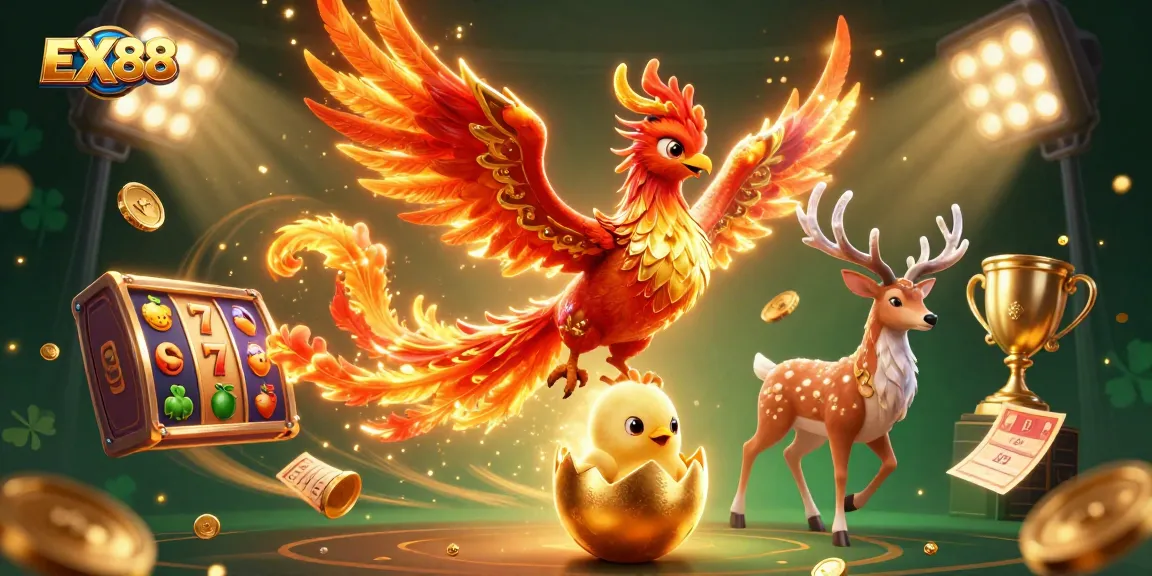 Join the excitement at EX88 with a phoenix and enchanting symbols in a dynamic casino scene.