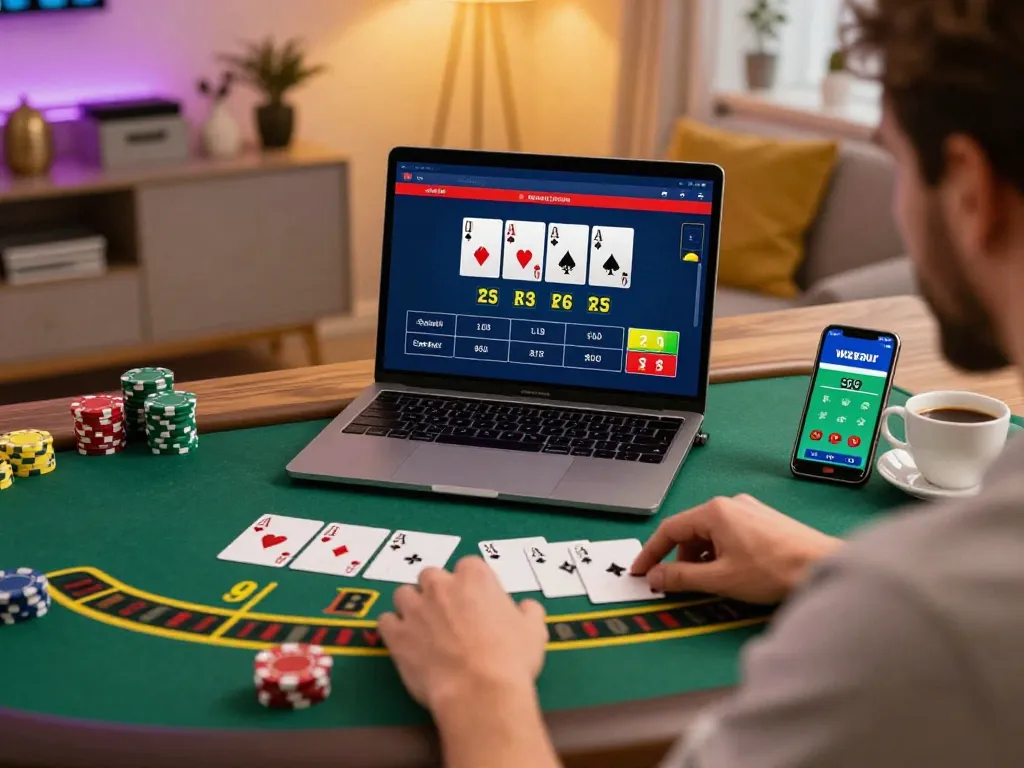 Player enjoying live blackjack on laptop for TT88, showcasing strategic online gambling.