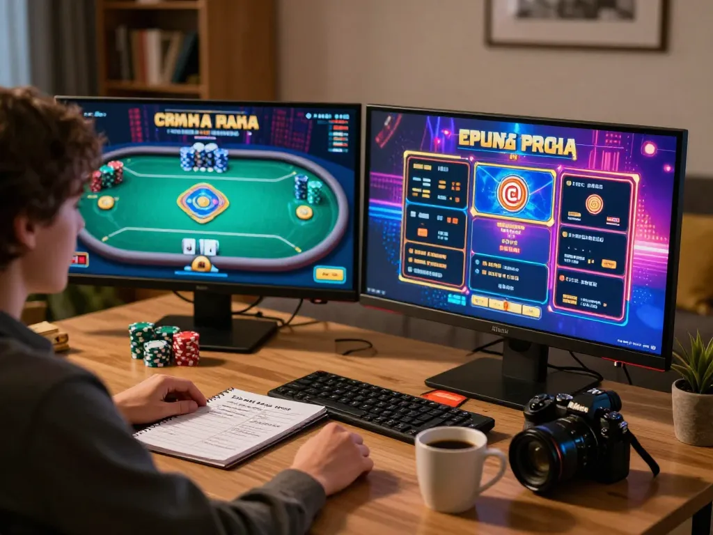 Engaging in online poker gameplay on KO66 app, showcasing strategic notes and glowing screens