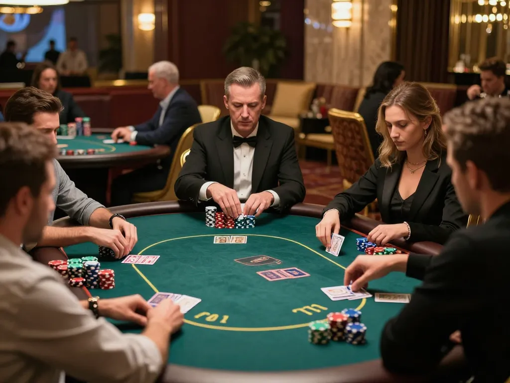 33WIN players engaging in intense poker gameplay at an upscale casino, showcasing strategic bets and colorful chips.