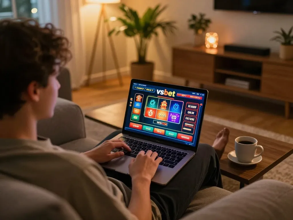 Player enjoys thrilling games at vsbet casino on their laptop in a cozy living room.