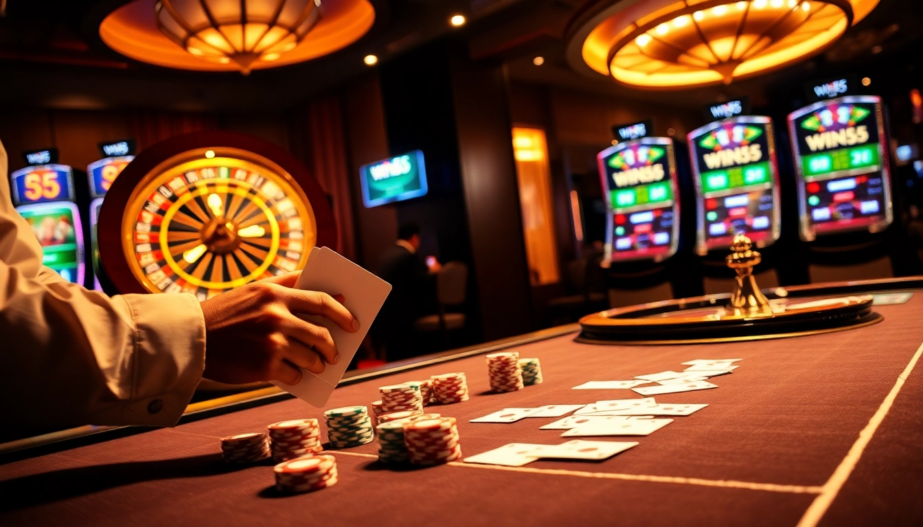 Win55 branded luxurious casino scene featuring exciting poker and roulette games.