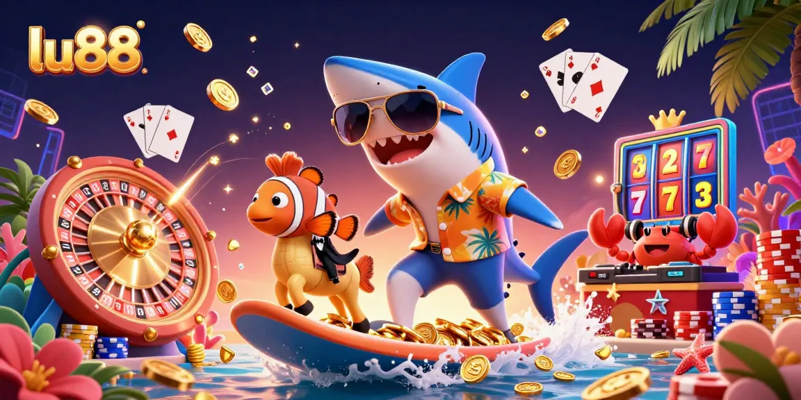 Engage with lu88's energetic gaming scene featuring a shark, clownfish, and crab DJ in a vibrant casino atmosphere.