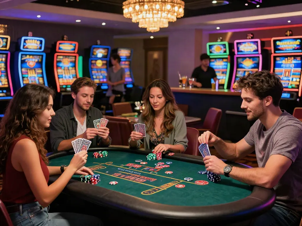 Players enjoying a lively casino experience at a casino not on Gamstop with vibrant games and ambiance.