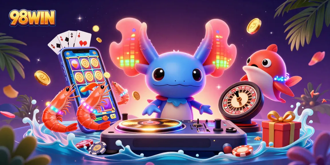 Join 98WIN for an exciting casino adventure featuring vibrant characters and gaming elements.