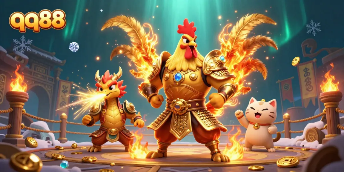 Engage with thrilling qq88 casino action featuring a fighting rooster and dragon in a dynamic scene.