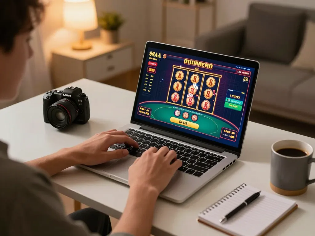Engaging in 88AA trang chủ online casino gameplay with a laptop in a cozy setting.