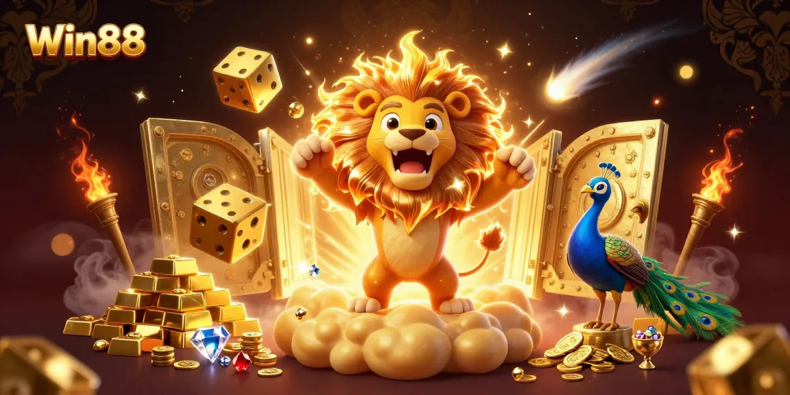 Win88 showcases vibrant 3D casino elements, including golden dice and a sun lion, creating a thrilling atmosphere.