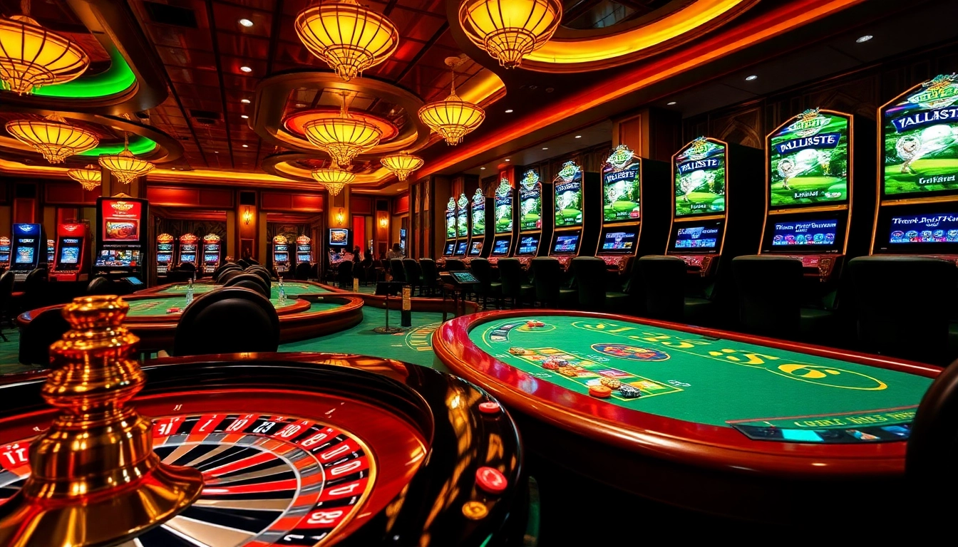 A thrilling casino scene showcasing gambling activities inspired by https://mb66.golf/ with roulette and poker.