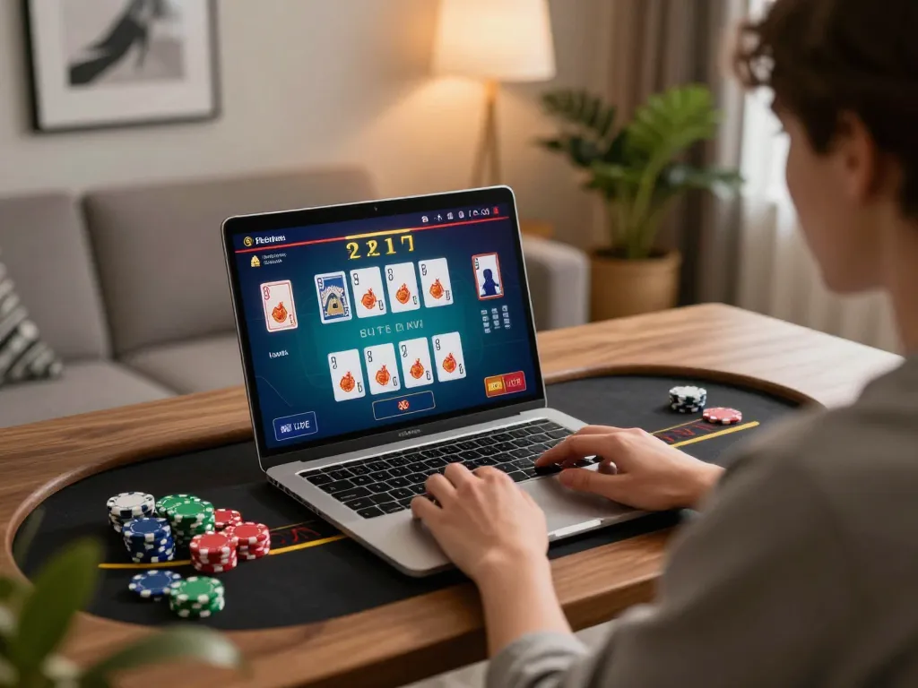 Player enjoying live dealer blackjack on ga6789, emphasizing strategic engagement in a cozy home environment.