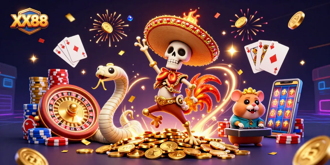 Engage with the vibrant gaming atmosphere at XX88 featuring a festive scene of characters celebrating amidst cascading coins and vibrant game elements.