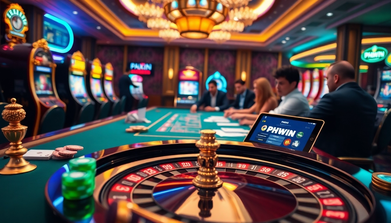 Exciting gaming atmosphere with a PHWIN online interface, vibrant roulette, and engaged players.