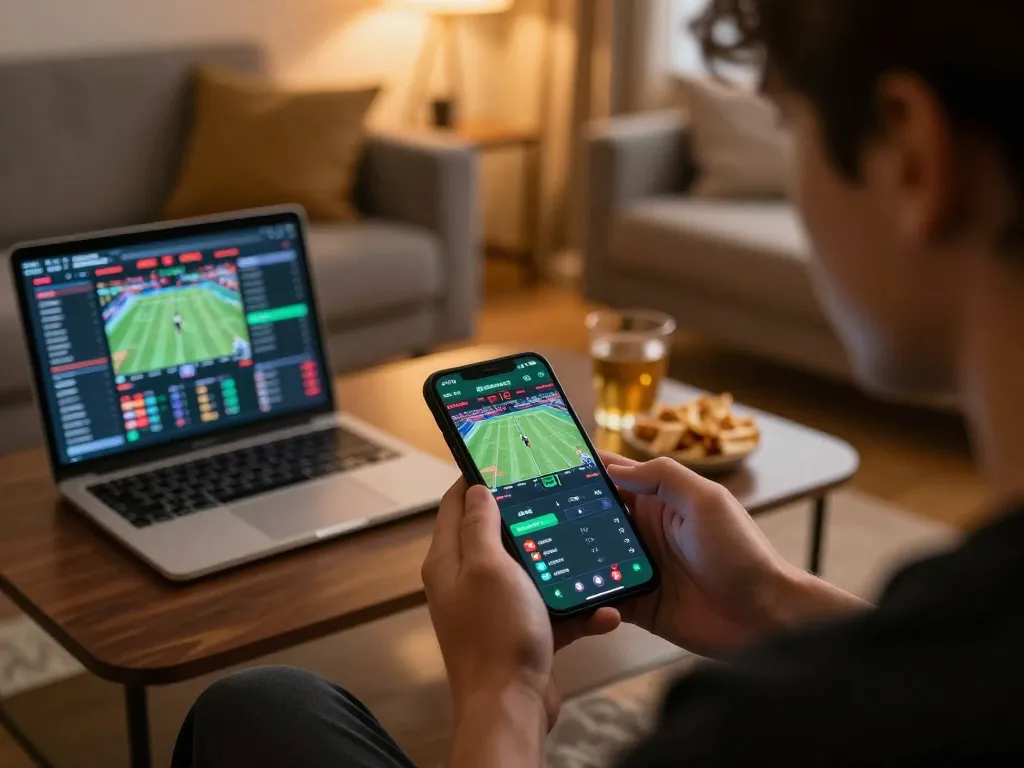 Person engaging with vk88 sports betting app on smartphone in a cozy living room setting