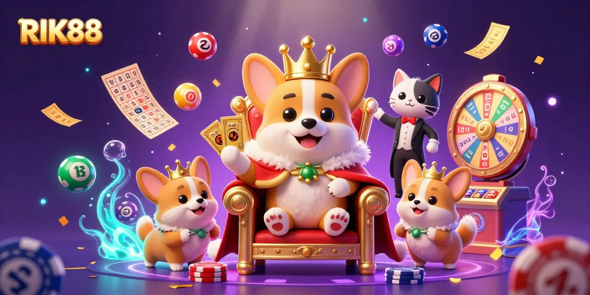 Engage with RIK88's dynamic online gaming scene featuring a royal corgi on a poker chip throne.