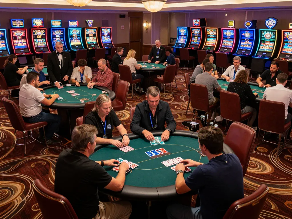 Players engage in high-stakes poker at 3win casino, showcasing intense gameplay and lavish surroundings