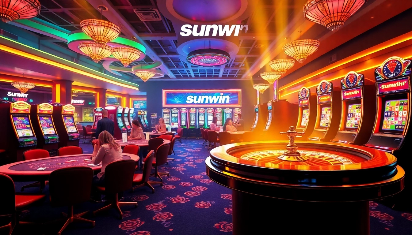 Players enjoying sunwin casino games at vibrant tables and slot machines.