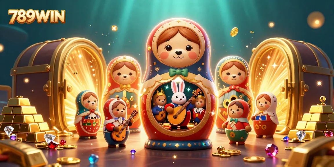 Win big at 789WIN with vibrant casino-themed illustration featuring Matryoshka bears and treasures.