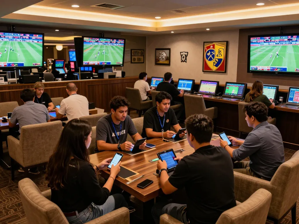 Engaged patrons using hitclub app for live sports betting in a modern casino lounge