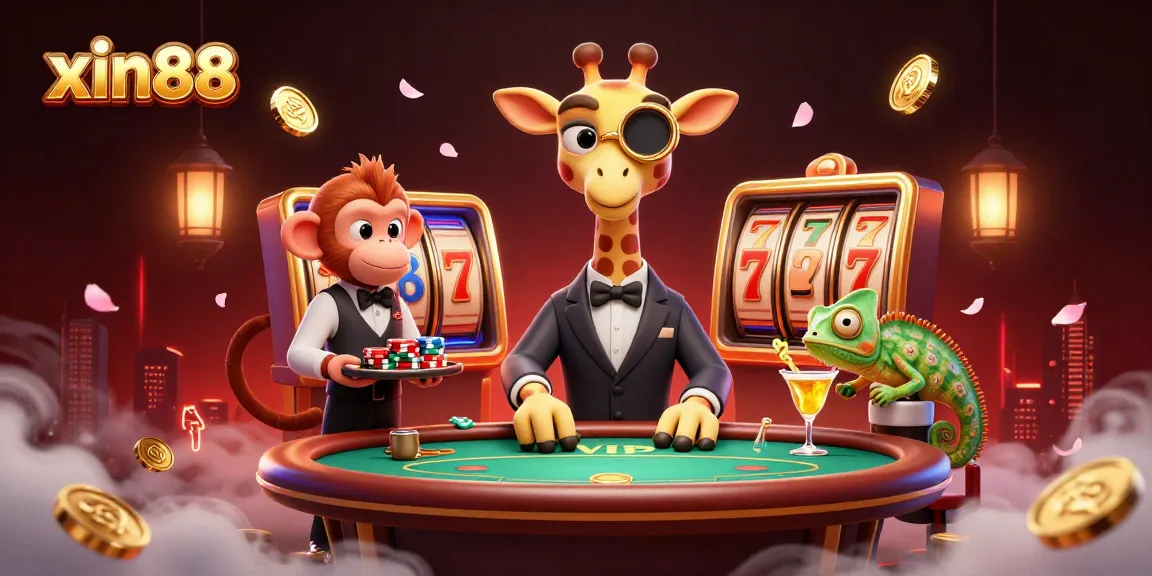 Experience thrilling action at xin88 with our vibrant illustration of a high-roller giraffe and playful casino elements.
