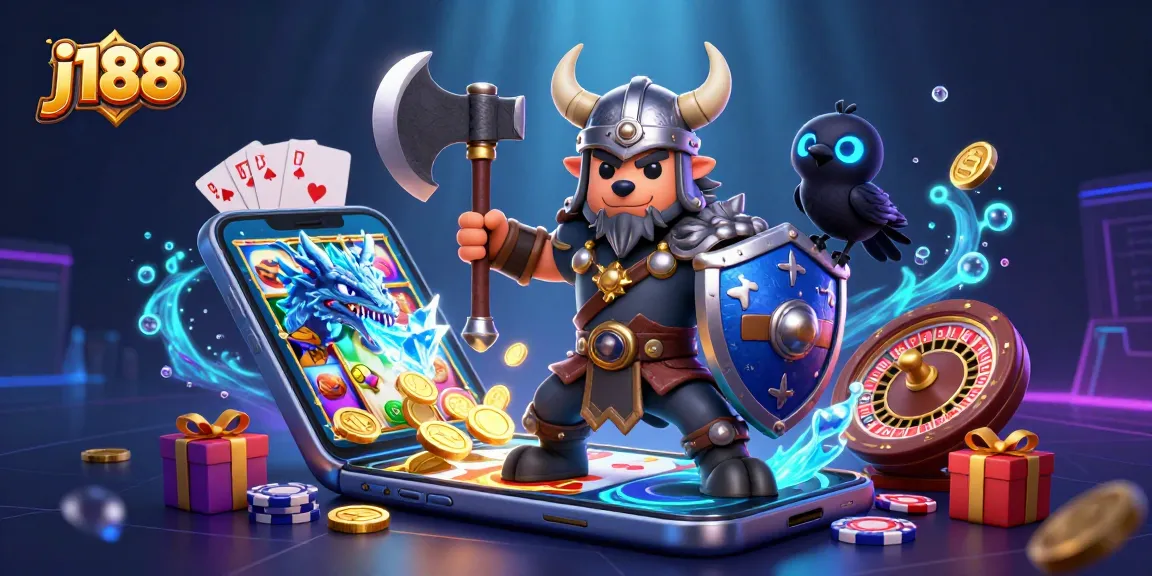 Engage with exhilarating gaming experience at j188 featuring a fierce Viking warrior, dragon, and dynamic casino elements.