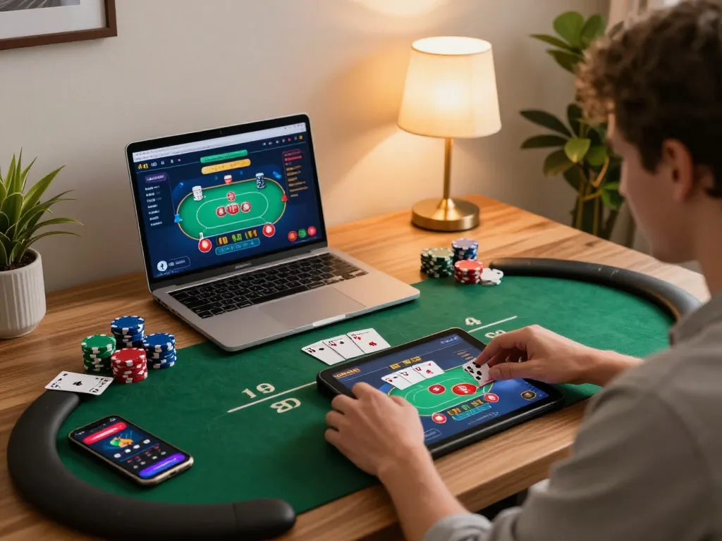Player engaging in online poker with nhacaiuytinn on tablet, showcasing strategic gameplay and cozy home environment