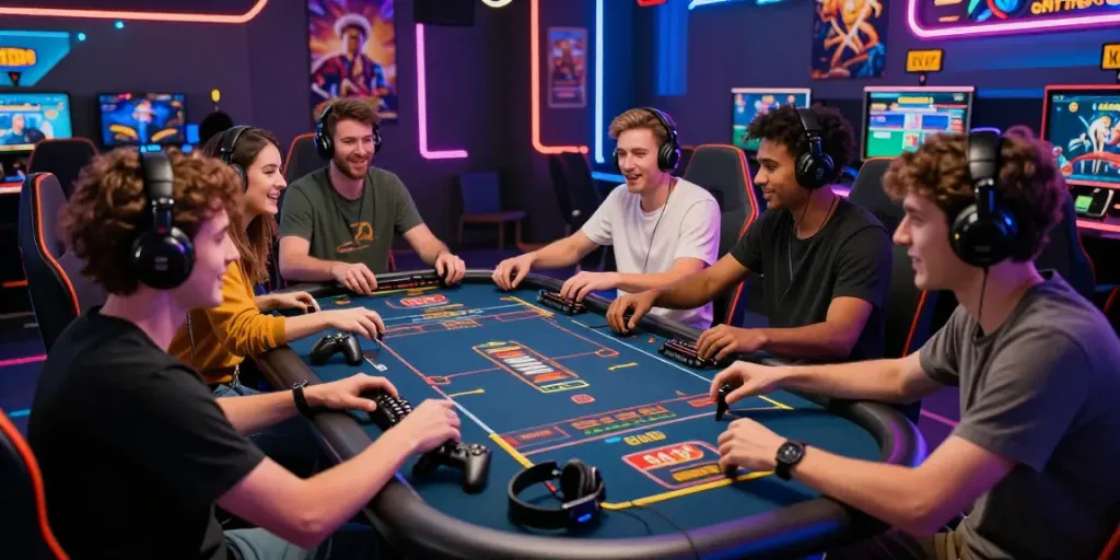 Group enjoying online casino gaming atmosphere in lively setting, exploring casinos not on GamStop.