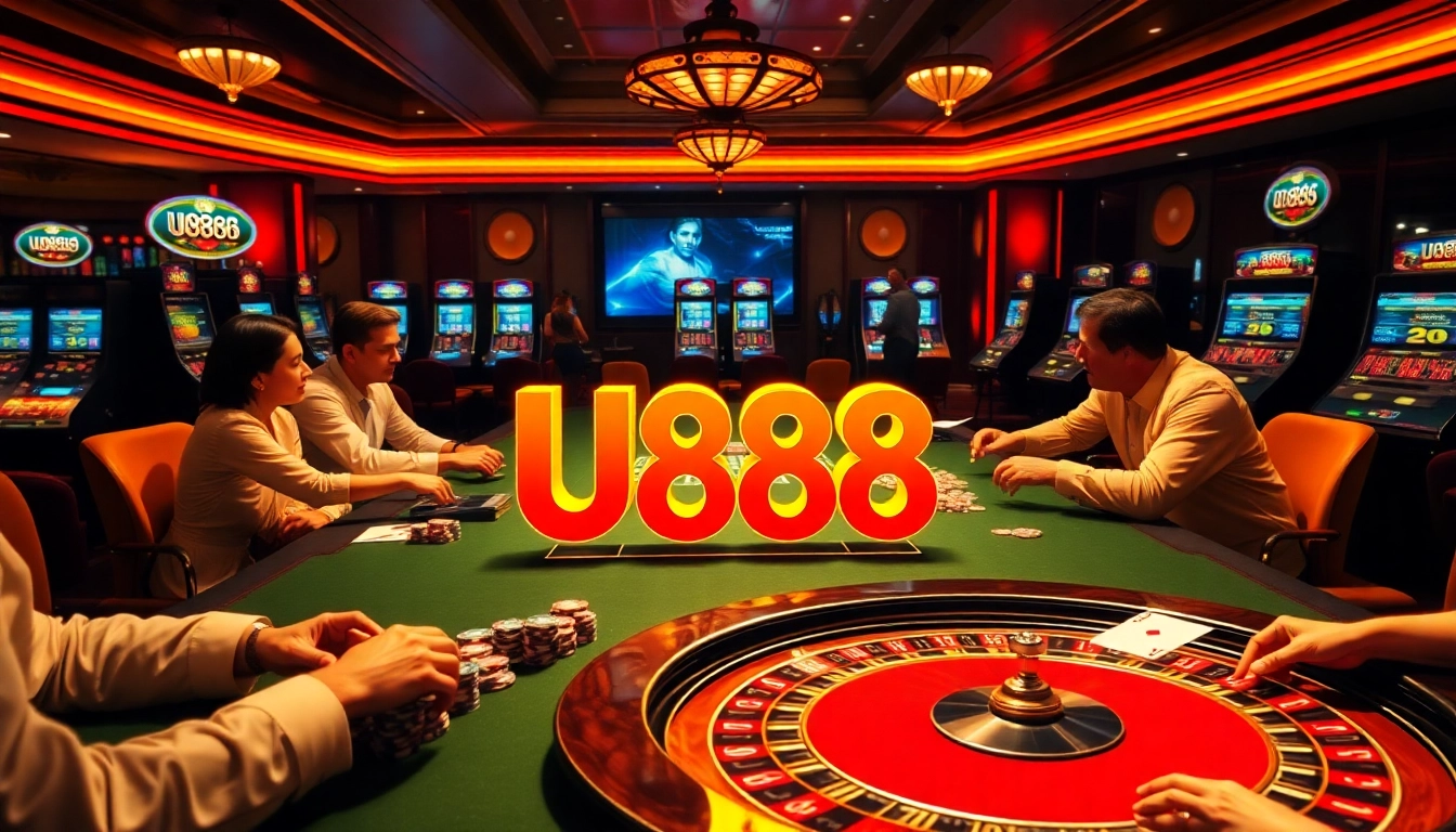 Experience the excitement of U888 as players enjoy a vibrant casino scene with poker and roulette tables.