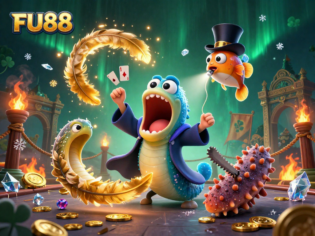 FU88 players enjoy exciting card tricks in a magical casino scene with dynamic characters and vivid graphics.