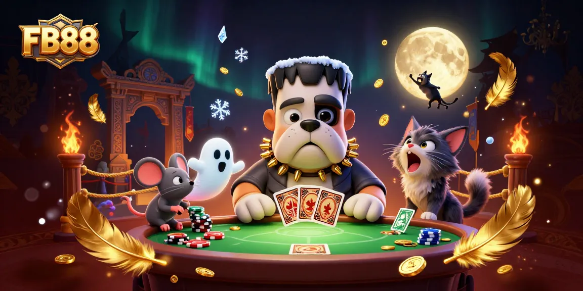 Engage in thrilling gaming at FB88 with a spooky casino scene featuring unique 3D characters.