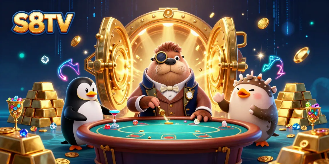 S8TV’s underwater poker scene shows a walrus, a penguin dealer, and a bluffing pufferfish.