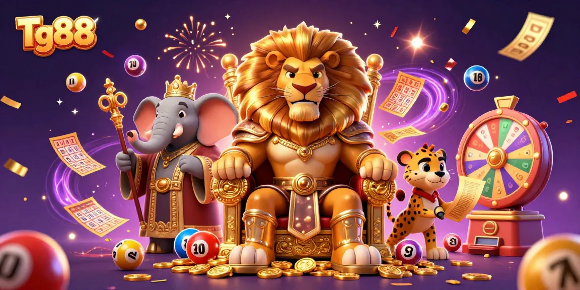 Tg88 showcases a vibrant casino scene with lion king, elephant advisor, and cheetah messenger amidst dynamic gaming elements.