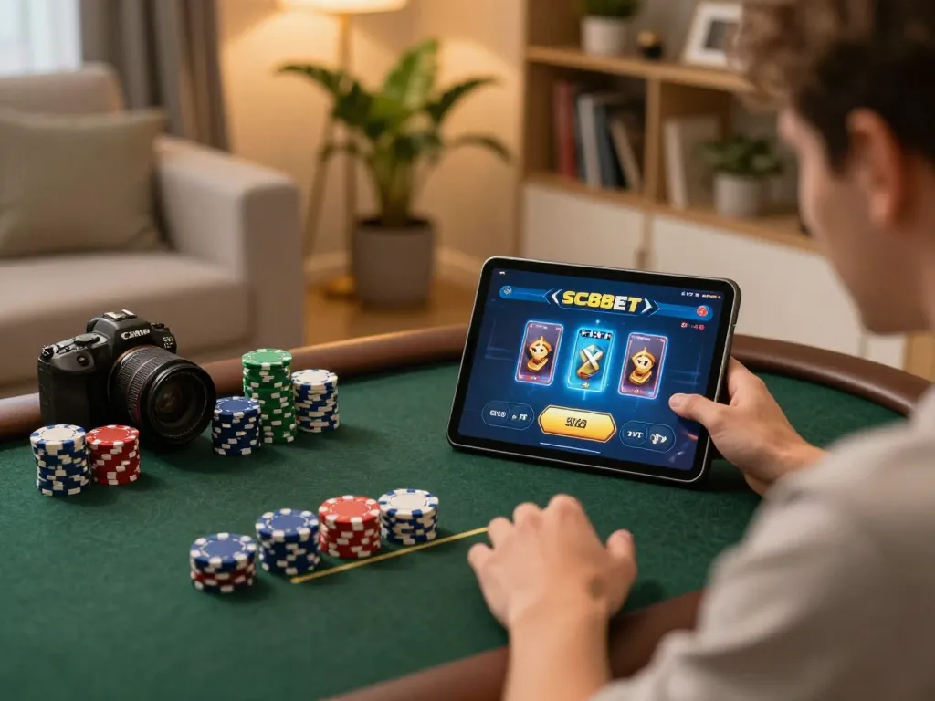 Engaging online poker scene using SC88 BET interface with vibrant chips in a cozy home setting.
