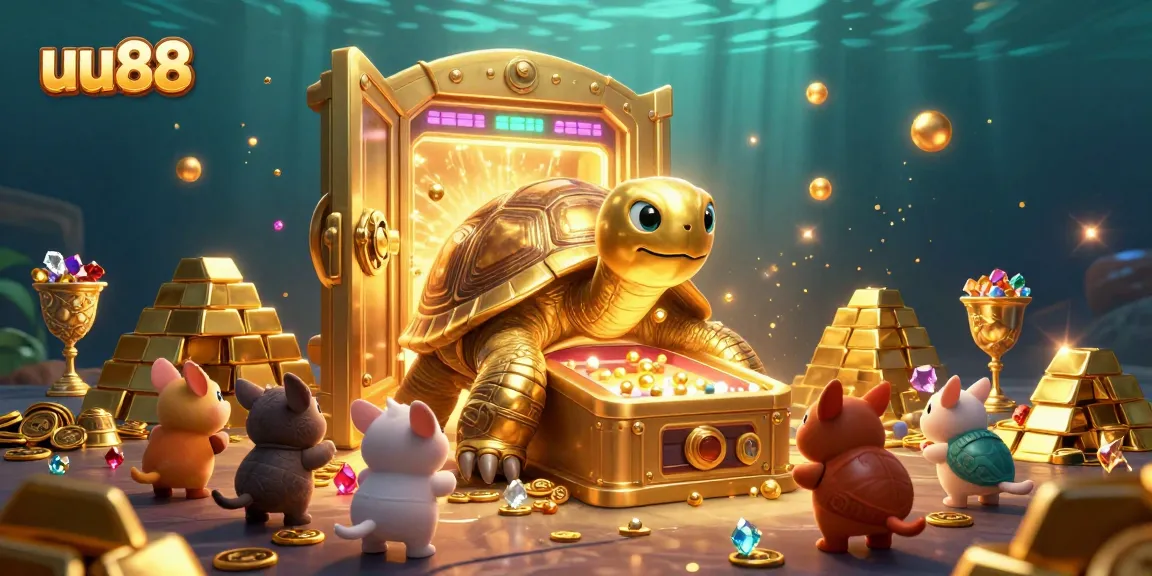 Play exciting games like uu88 with a golden tortoise pinball machine among treasure-filled gems.